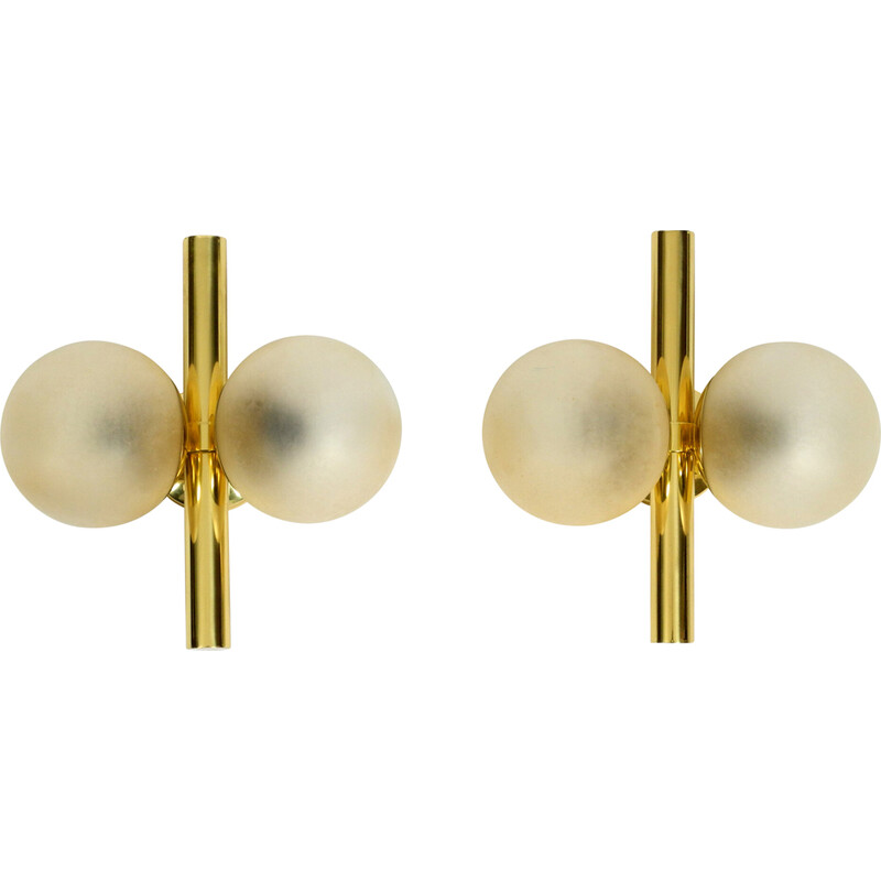 Pair of vintage Kaiser brass wall lamps with two golden glass spheres, 1960s