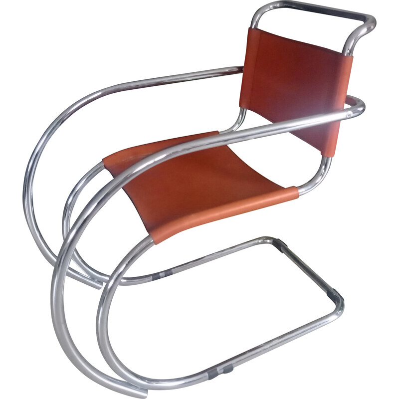 Light brown leather and chrome vintage armchair by Mies Van Der Rohe