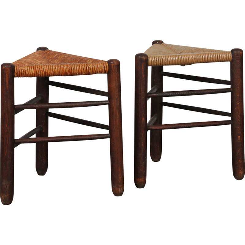 Pair of vintage straw tripod stools, 1960