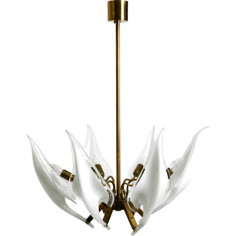 Vintage brass chandelier with white and transparent Murano glasses by Franco Luce, Italy 1950s