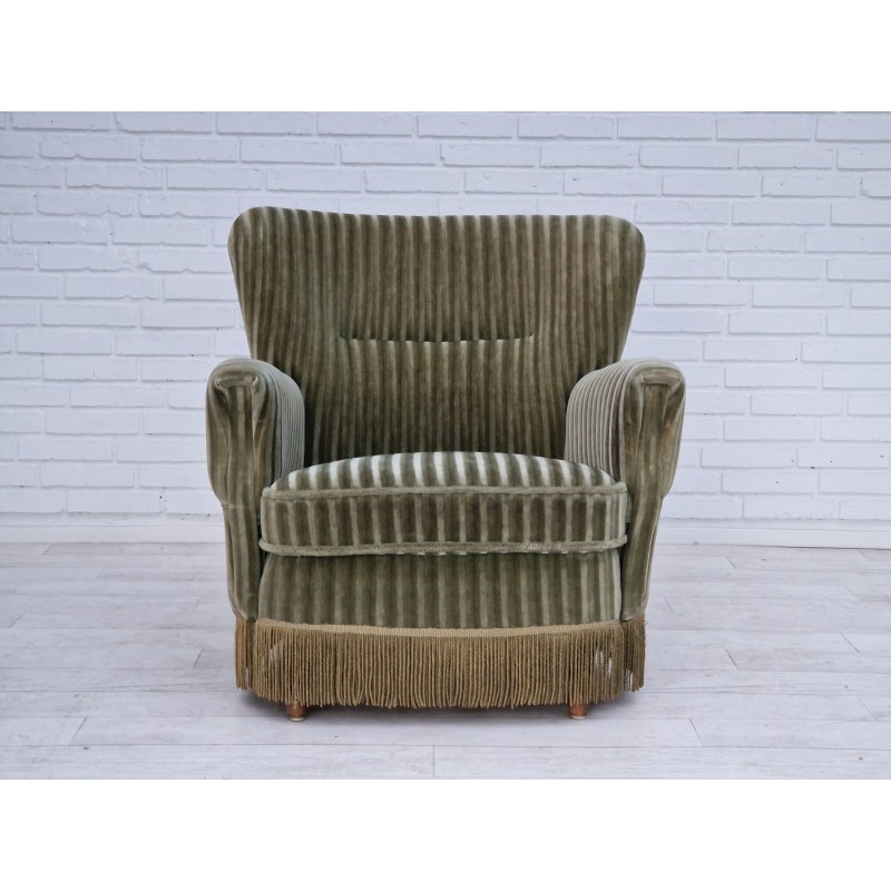 Vintage Danish armchair in velour and beech wood, 1970s