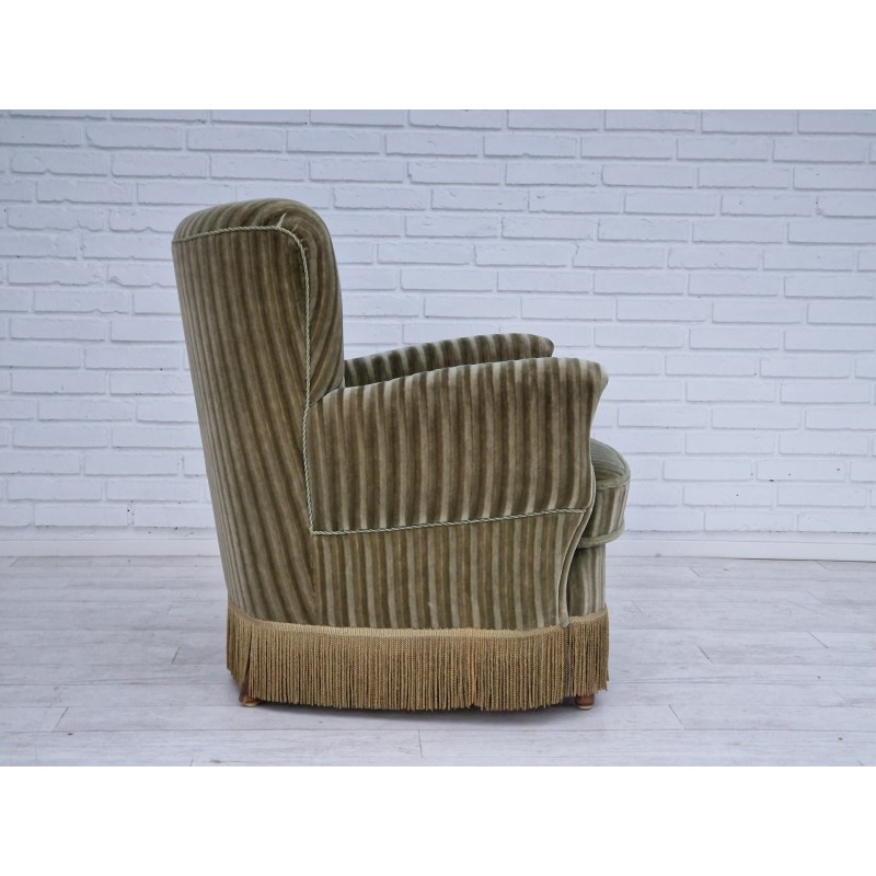 Vintage Danish armchair in velour and beech wood, 1970s