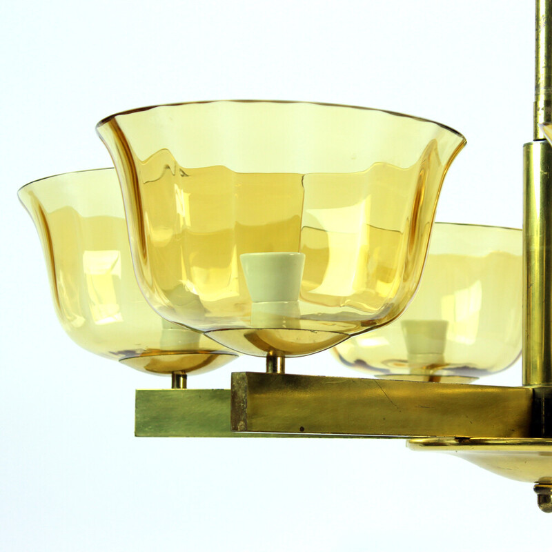Art Deco vintage chandelier in brass with 2 glass shields, Germany 1940s