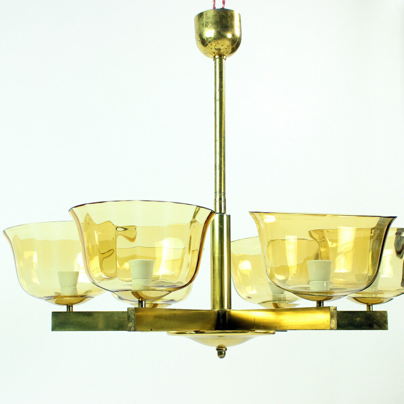 Araña Art Decó vintage en latón con 2 escudos de cristal, Alemania años 40