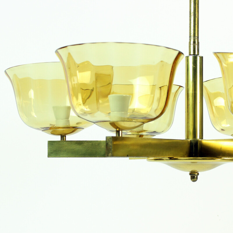 Lampadario d'epoca Art Déco in ottone con 2 scudi in vetro, Germania anni '40