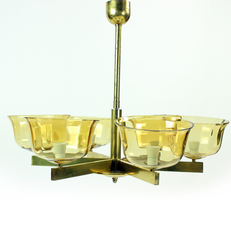 Art Deco vintage chandelier in brass with 2 glass shields, Germany 1940s