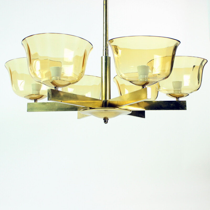 Art Deco vintage chandelier in brass with 2 glass shields, Germany 1940s