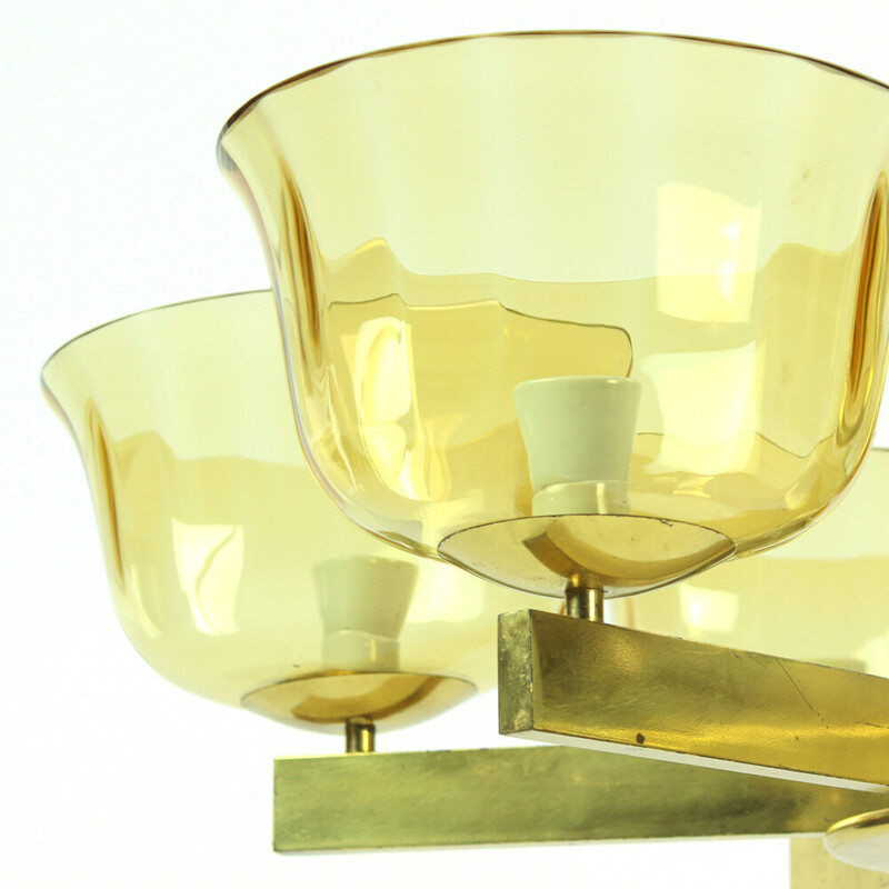 Art Deco vintage chandelier in brass with 2 glass shields, Germany 1940s