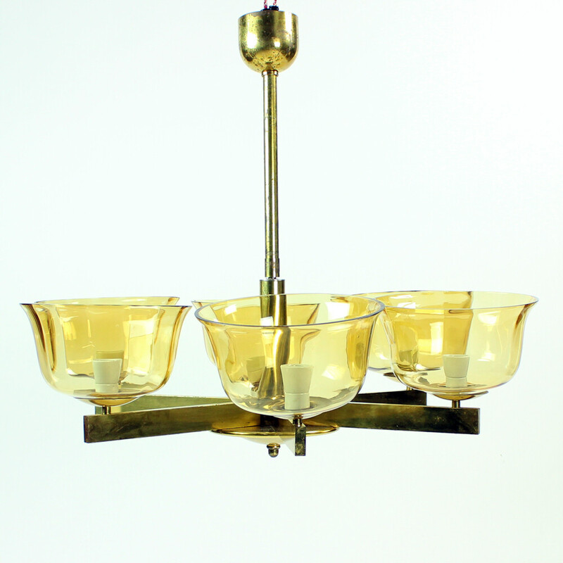 Candelabro Art Deco em latão com 2 escudos de vidro, Alemanha 1940