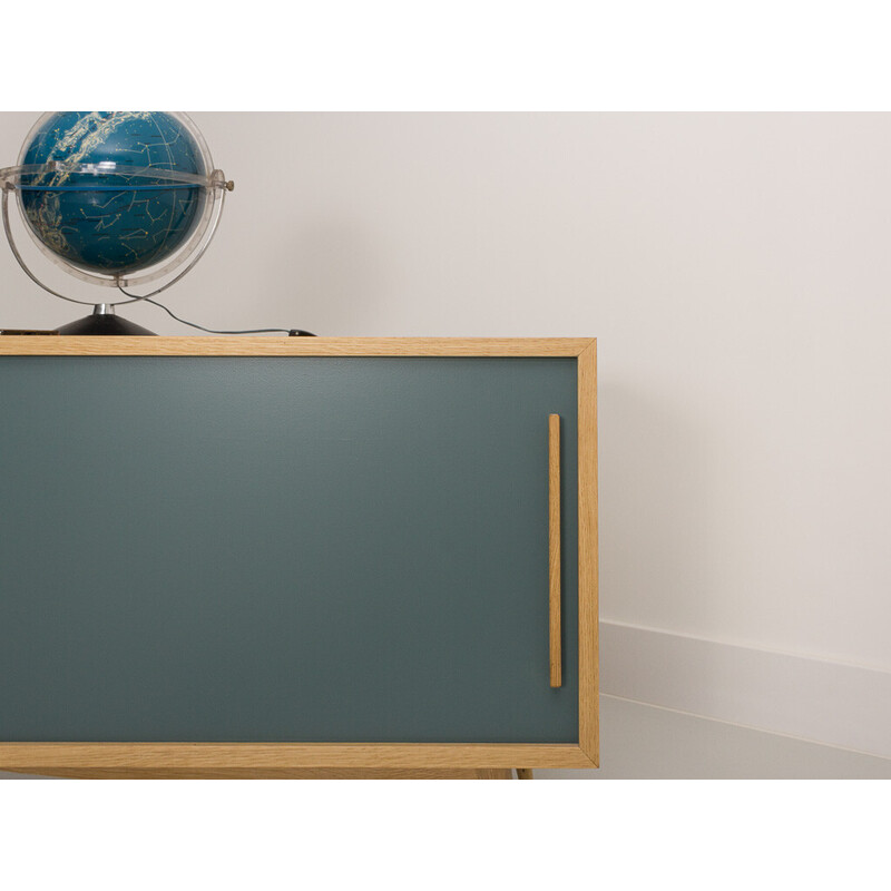 Meuble TV vintage en chêne avec rangements vinyles et double portes