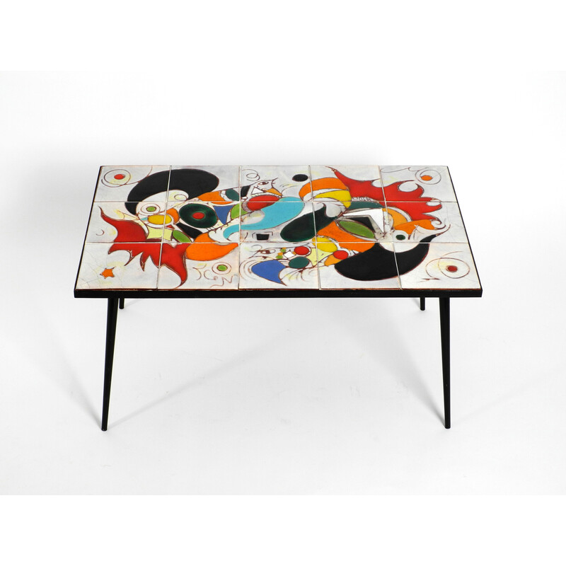 Table basse italienne vintage en fer avec plateau en carreaux et motif abstrait