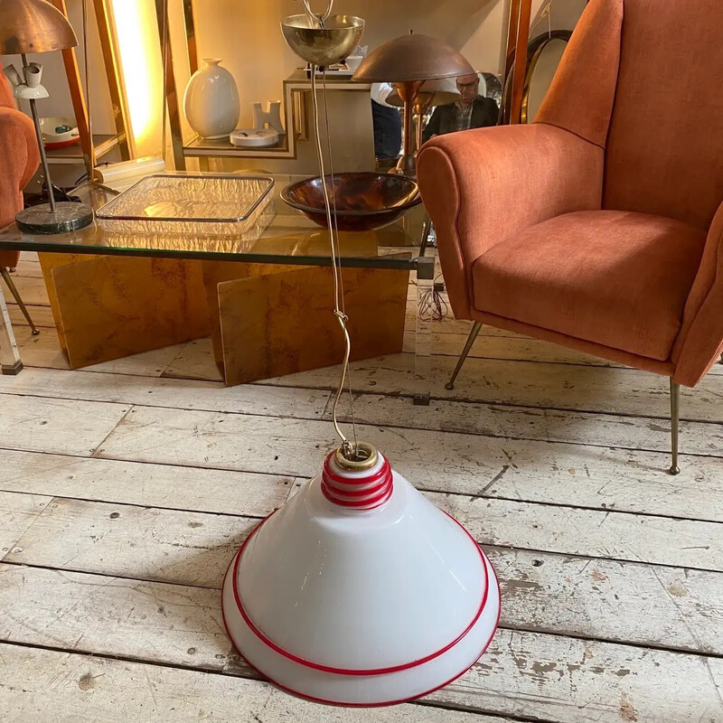 Vintage white and red Murano glass and brass pendant lamp by Renato Toso, 1980s