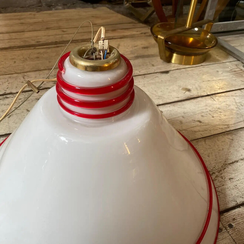 Vintage white and red Murano glass and brass pendant lamp by Renato Toso, 1980s