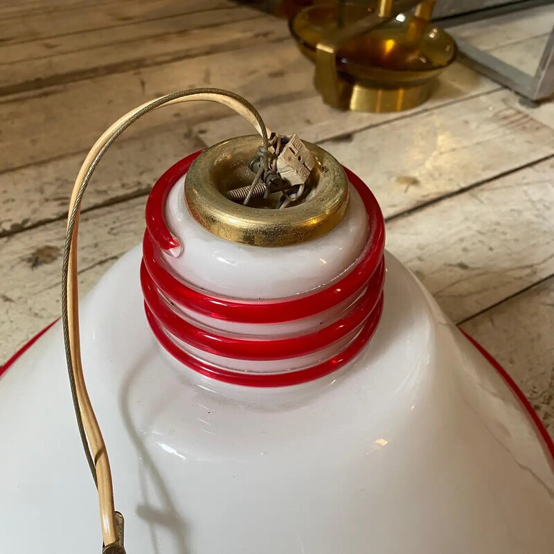 Vintage white and red Murano glass and brass pendant lamp by Renato Toso, 1980s