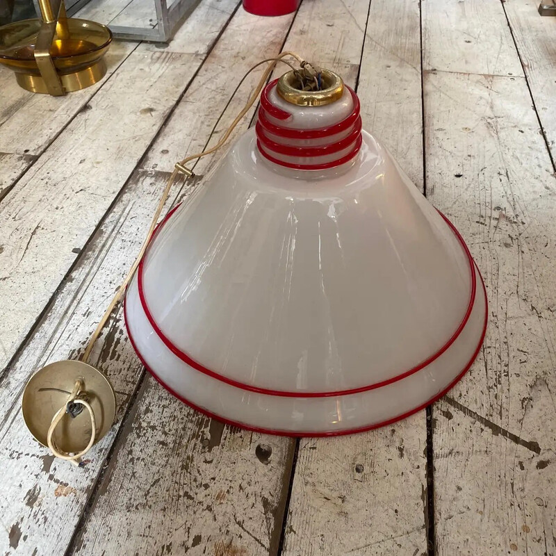 Vintage white and red Murano glass and brass pendant lamp by Renato Toso, 1980s