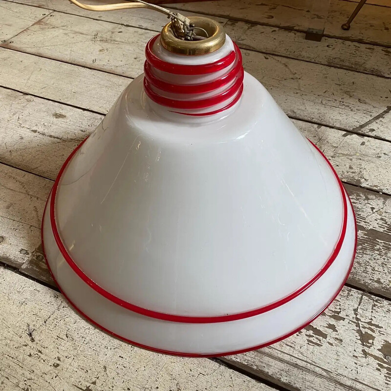 Vintage white and red Murano glass and brass pendant lamp by Renato Toso, 1980s