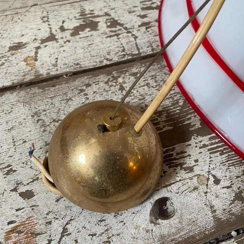 Vintage white and red Murano glass and brass pendant lamp by Renato Toso, 1980s