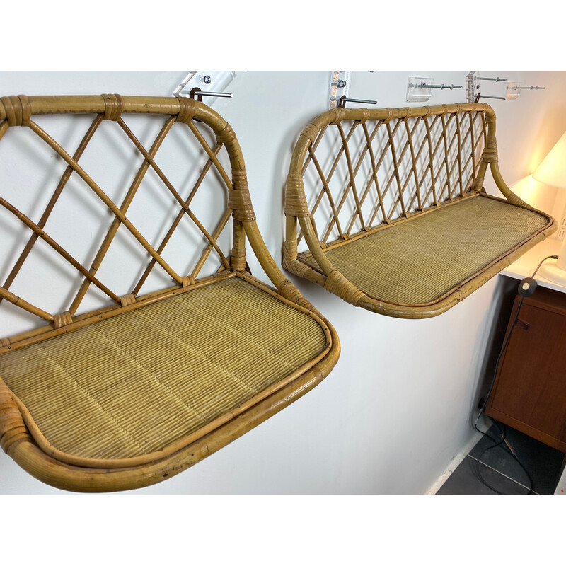 Pair of vintage wall shelves in rattan, 1970