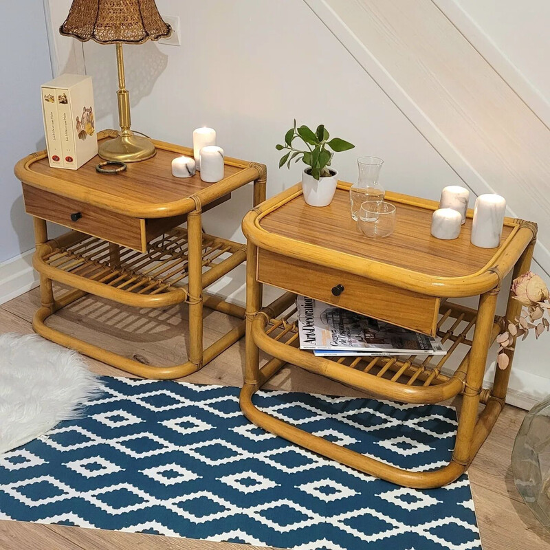 Pair of vintage rattan night stands, 1970