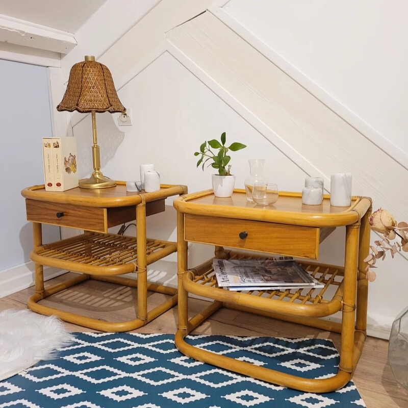 Pair of vintage rattan night stands, 1970