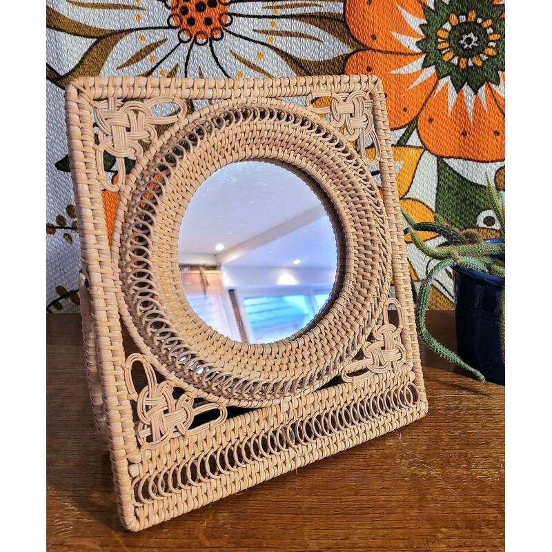 Miroir de table vintage en rotin