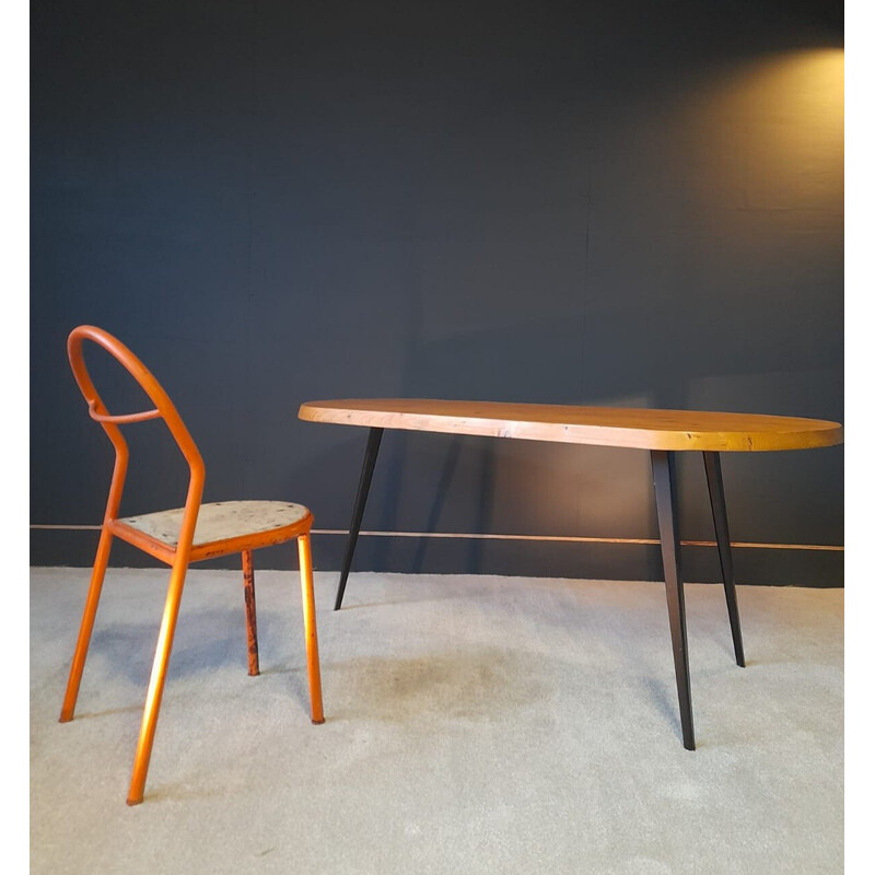 Vintage grenen en stalen driepoot tafel, 1960