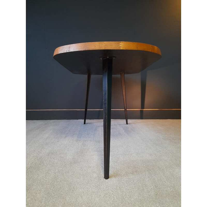 Vintage pine and steel tripod table, 1960