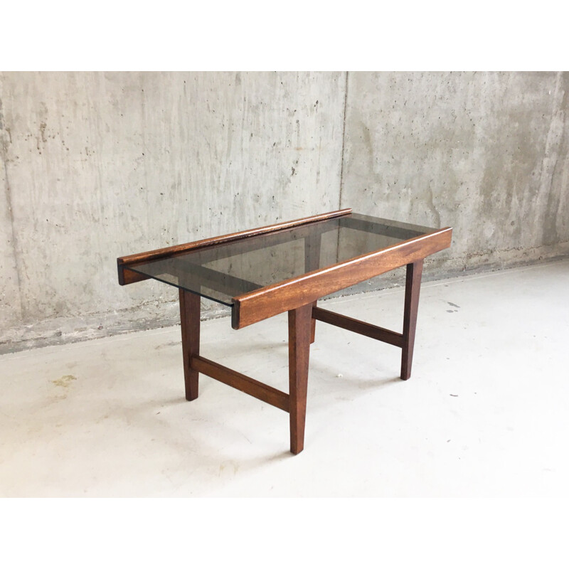 Mid century solid oak and glass small coffee table - 1960s