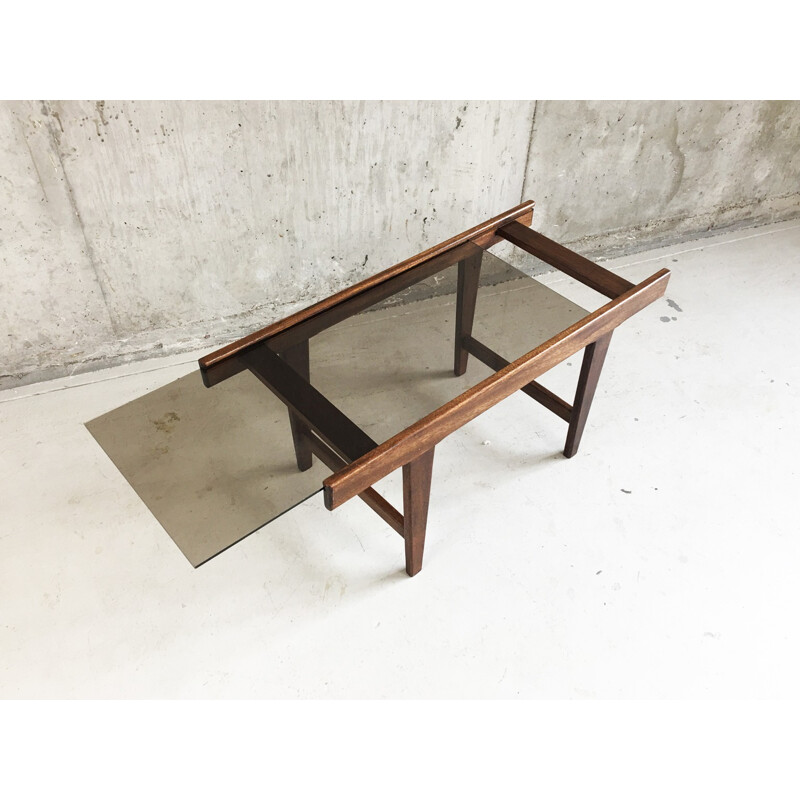Petite table basse vintage en chêne massif et verre - 1960 