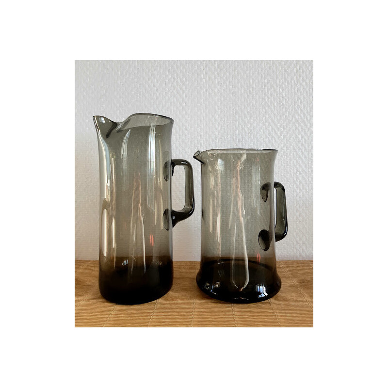 Pair of vintage smoked glass jugs with pinched neck, 1970