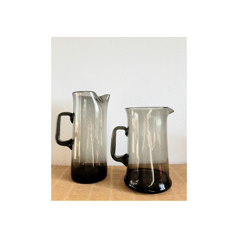 Pair of vintage smoked glass jugs with pinched neck, 1970