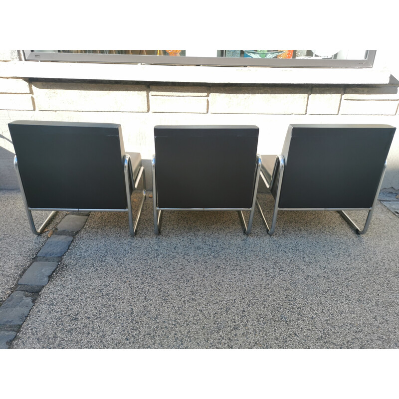 Set of 3 vintage black skai and chrome armchairs, 1970