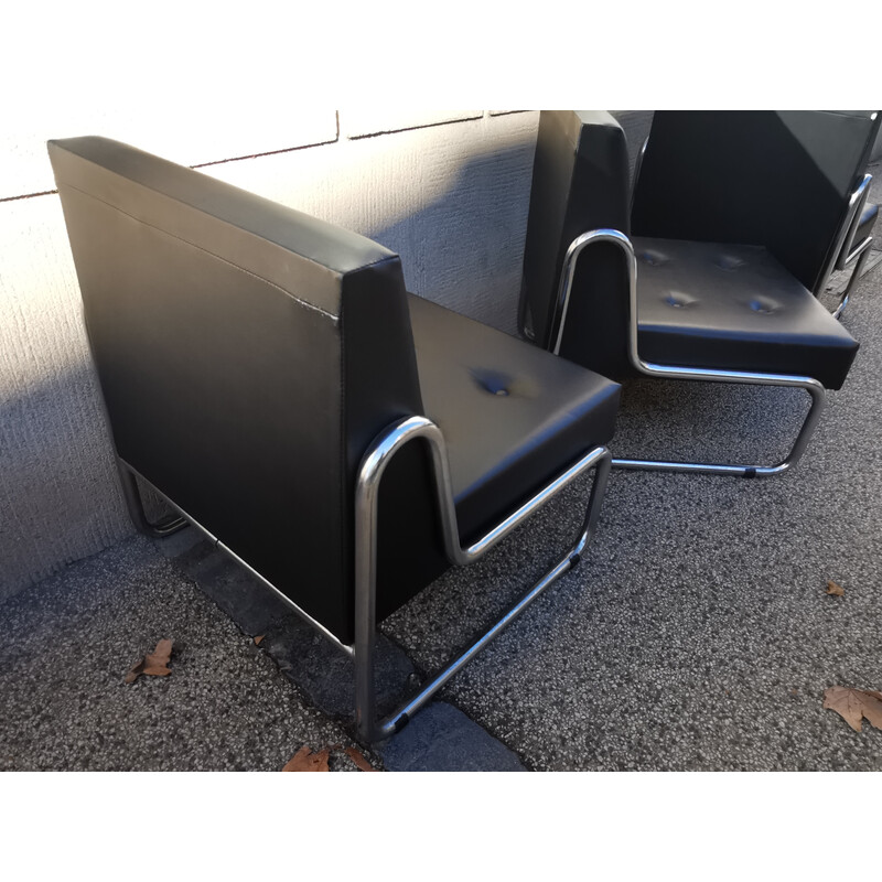 Set of 3 vintage black skai and chrome armchairs, 1970