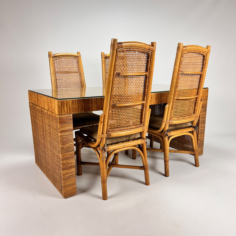 Set da pranzo vintage in rattan e canna, anni '70