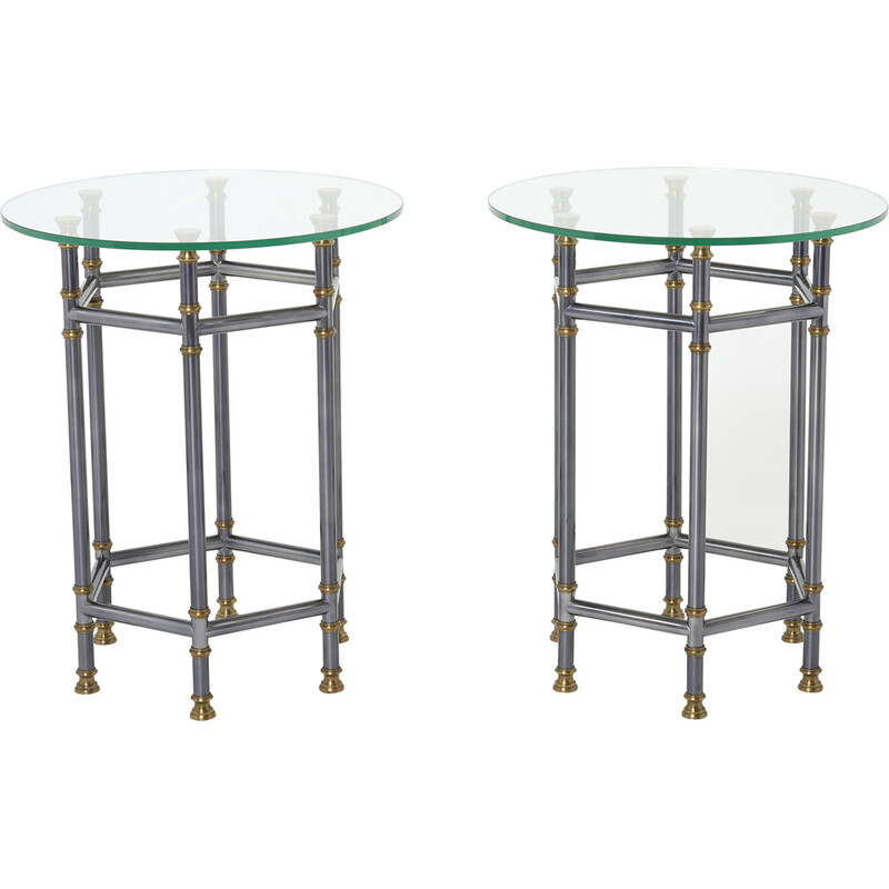 Par de mesas de latão vintage e pedestal de vidro de Jansen, 1970