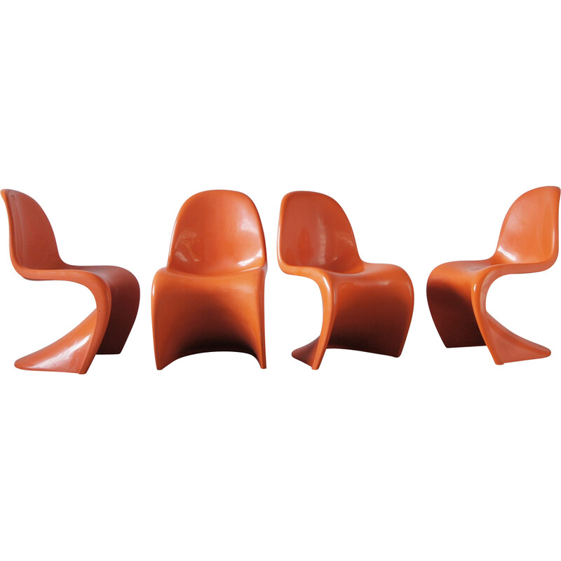 Satz von 4 orangefarbenen Panton-Stühlen von Verner Panton für Herman Miller, 1970er Jahre
