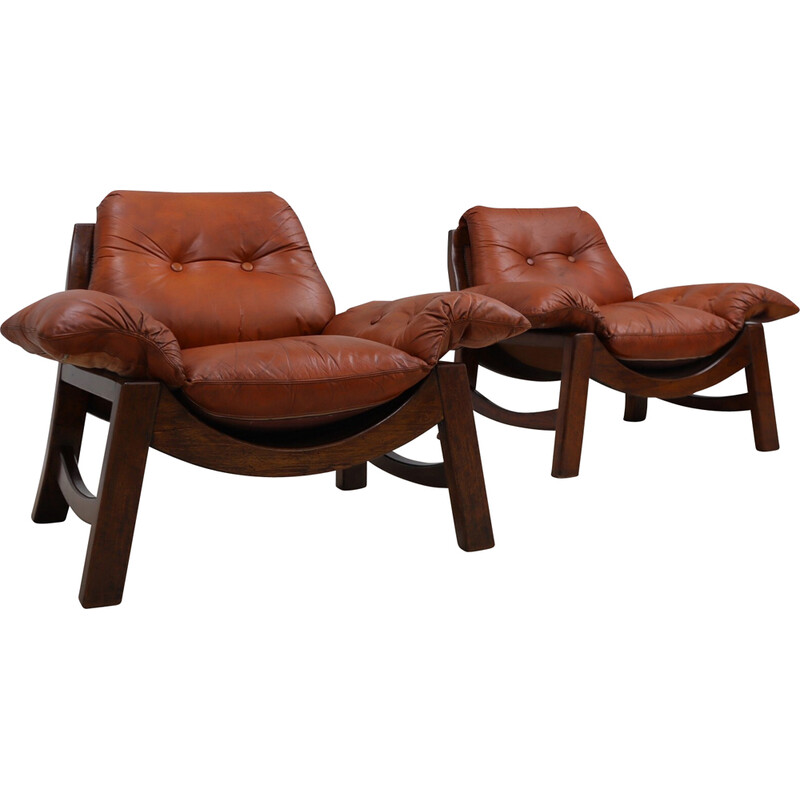 Pair of vintage Brutalist leather armchairs, 1970s