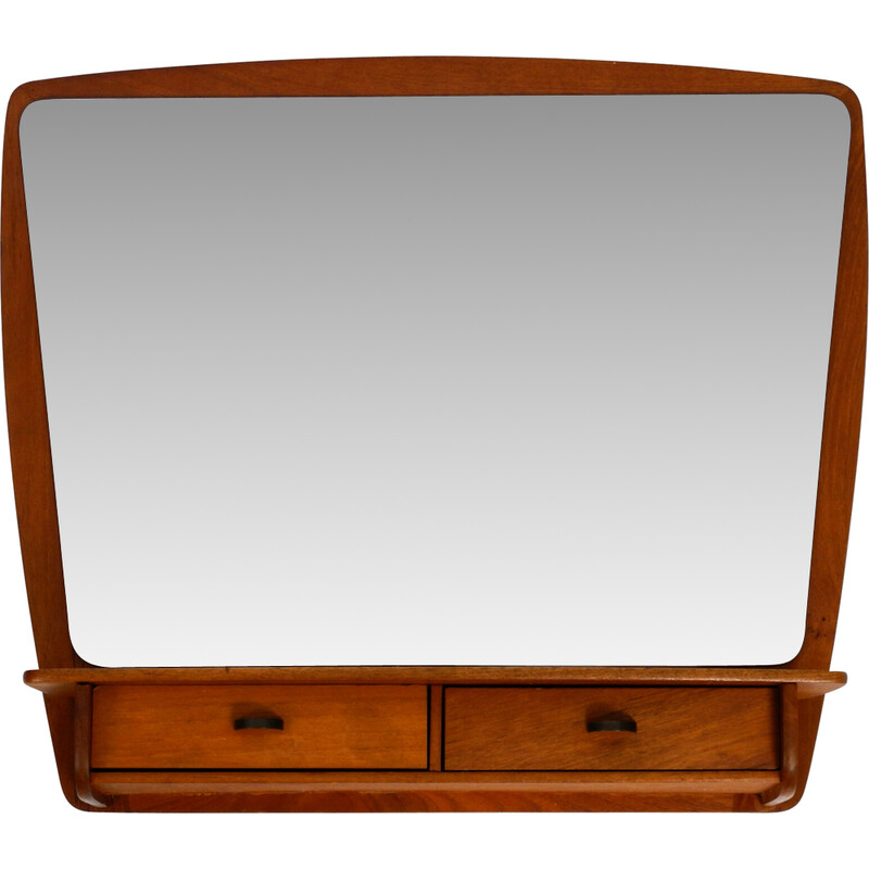 Danish mid century teak wall mirror with shelf and drawers