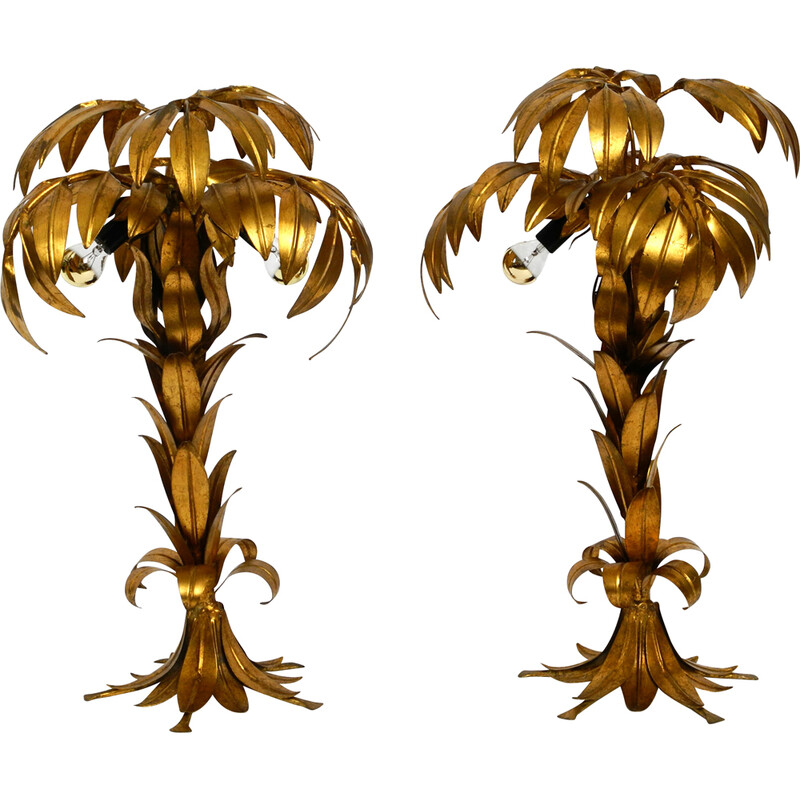 Pair of vintage gold-plated metal palm table lamps by Hans Kögl, 1970s