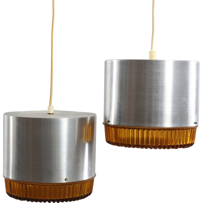 Pair of vintage brushed metal and stained glass pendant lamps, 1960