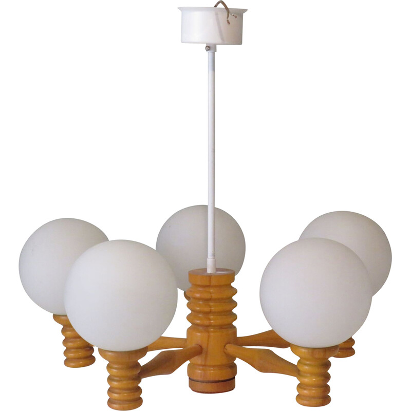 Vintage space age wooden chandelier with 5 arms