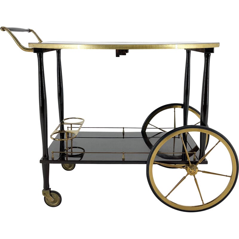 Chariot de bar italien vintage en laiton et acajou teinté