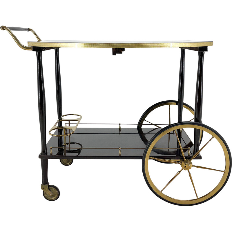 Latão italiano de meados do século e carrinho de bar mahagony manchado
