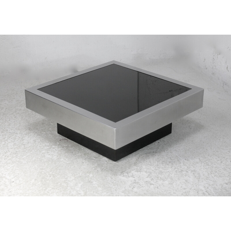 Vintage steel and black glass coffee table, France 1970