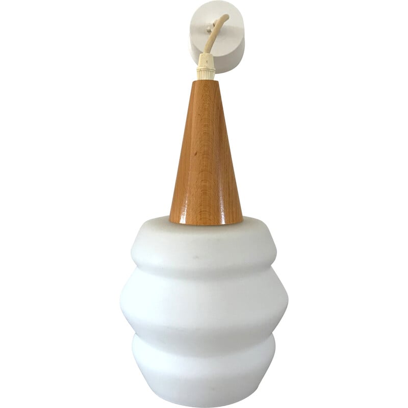 Scandinavian vintage light wood and white opaline pendant lamp, 1960