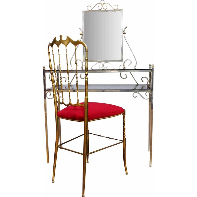 Vintage metal and smoked glass dressing table and chair, Italy 1970