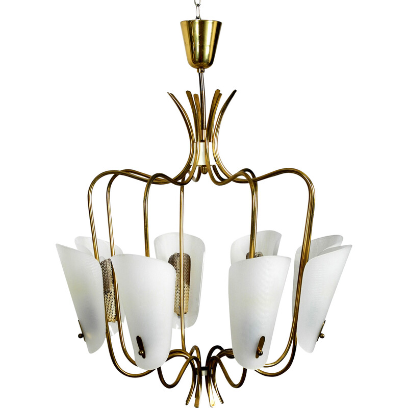 Vintage 8 arm brass chandelier with plexiglass shades