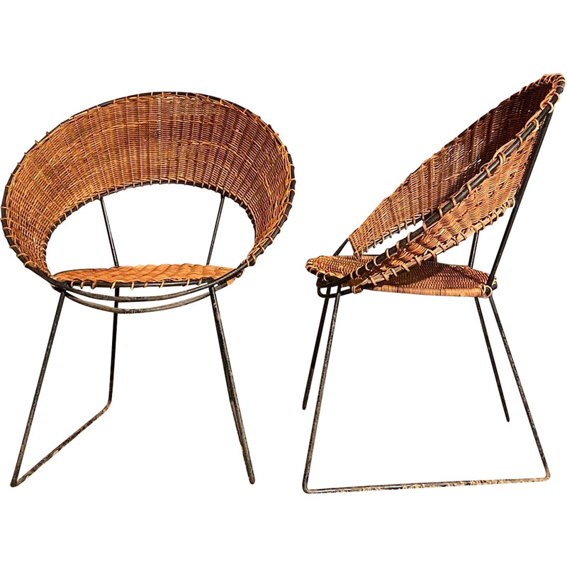 Sala de estar Vintage wicker, 1950, conjunto de Raoul Guys