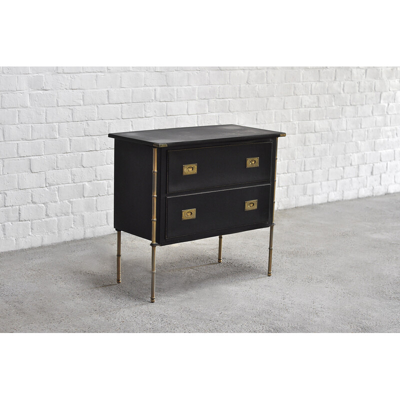 French vintage handstitched leather and brass chest of drawers by Jacques Adnet