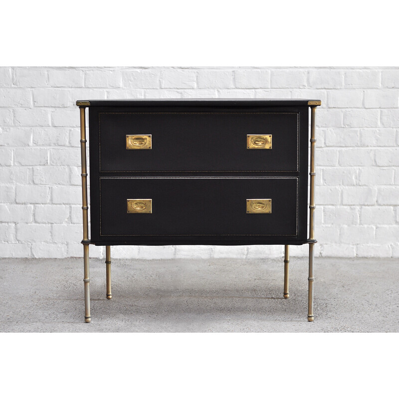 French vintage handstitched leather and brass chest of drawers by Jacques Adnet